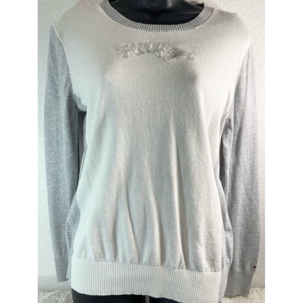 Tommy Hilfiger Crew Neck Sweater Size L | White & Light Gray Colorblock Knit